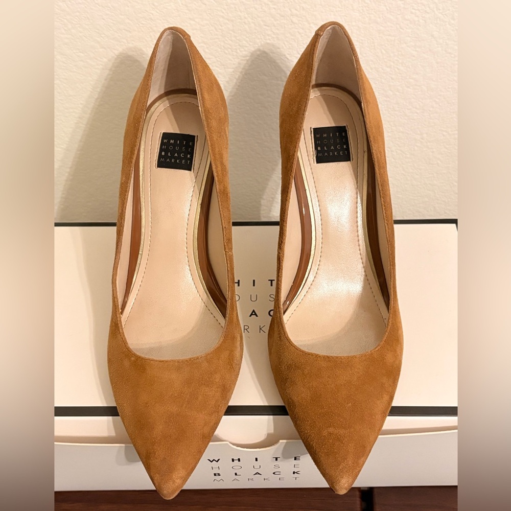 White House Black Market Olivia Candied Walnut Suede Heels